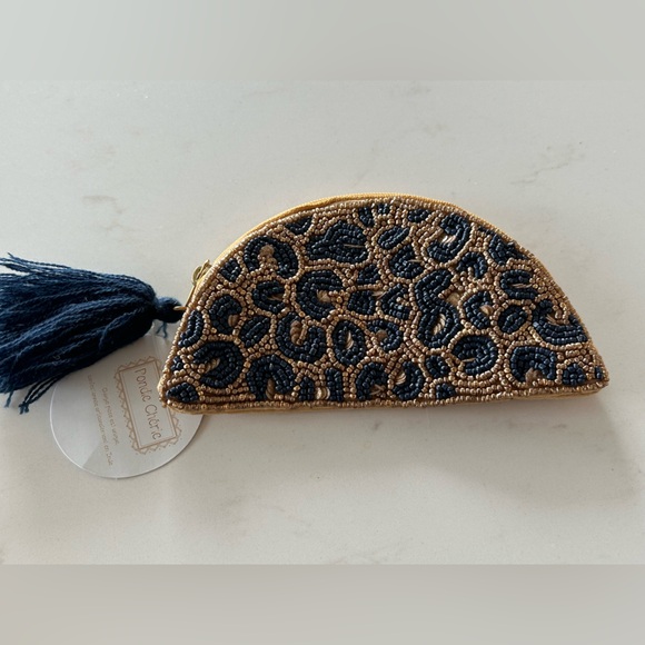 Beaded leopard coin purse with Tassel - navy and tan - Made in France - Picture 3 of 8